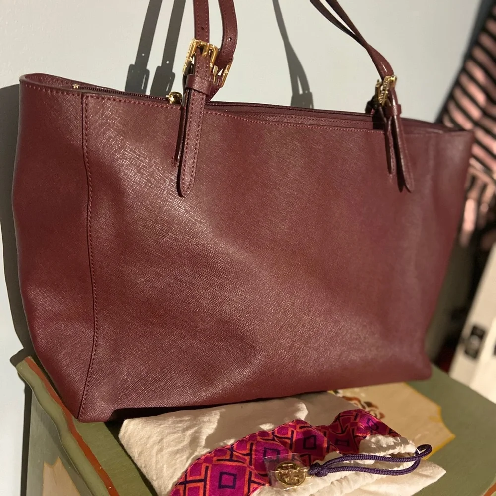 Tory Burch Burgundy Saffiano Leather Tote